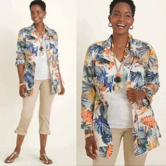 Chico's Palm Print Linen Utility Snap Front Casual Jacket - Picture 1 of 9